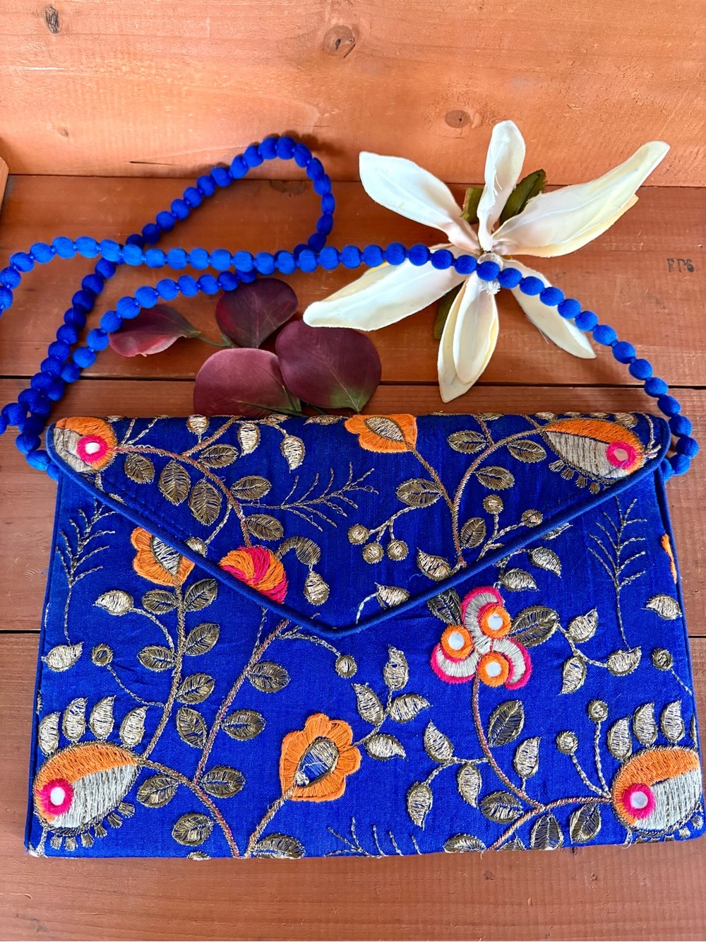 Royal Blue Embroidered with Mirrors & Flowers Clutch Bag Crossbody Purse